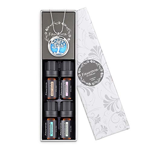 Faurora Essential Oil Necklace Gift Set, Tree of Life Aromatherapy Diffuser Necklace
