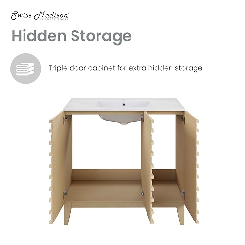 Image of Swiss Madison Cascade 36 inch Natural Oak Bath Vanity with White Ceramic Sink Top