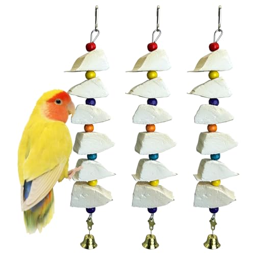 Apatal 3 Pack Bird Chewing Toy Cuttlebone Parrot Toy with Bell Hanging Bird Beak Grinding Stone Parakeet Cage Accessories for Small & Medium Budgies Lovebirds Cockatiels (Block, 6 Per Skewer)