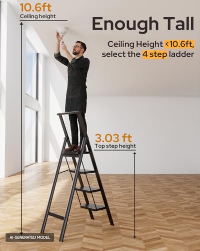 Image of 4 Step Ladder Folding Iron Step Stool Stepladders with Anti-Slip and Wide Pedal for Home and Kitchen Use Space Saving (Black)