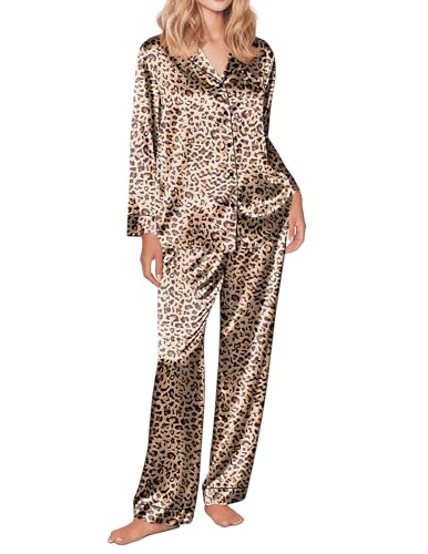 Ekouaer Silk Satin Pajama Set for Womens Button Up Long Sleeve Pjs Sleepwear Soft 2 Piece loungewear Leopard Small