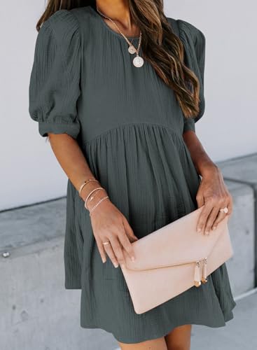 Dokotoo WG5W224239-11-M Womens Ladies Summer Sun Dress Spring Tunic Dress Round Neck Lantern Solid Color Short Sleeve High Waist Pocketed Mini Short Shift Dress thumb #6