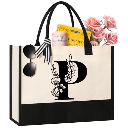 Image of Tecanne Personalized Initial Canvas Tote Bag, Suitable for Birthday, Wedding, Beach, Holiday, Gifts for Women, Mom, Teachers, Nurses, Best Friends, Bridesmaids (P)