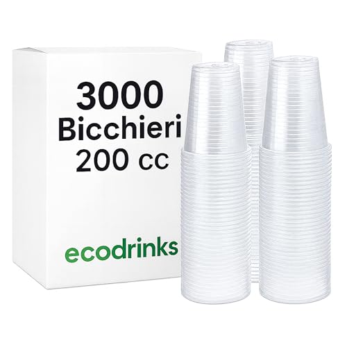 ecodrinks 3000 Bicchieri Trasparenti 200 ml RICICLABILI - Extra Rigidi, a Prova di Perdite - Per Bevande Calde e Tiepide, Acqua, Cocktail, Bibite - Ideali per Eventi, Feste, Catering e Ufficio