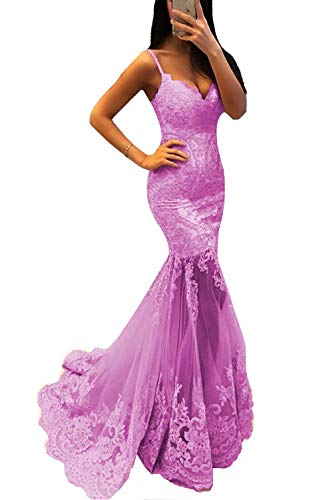Promworld-Womens-Spaghetti-Strap-Lace-Applique-Mermaid-Bridesmaid-Dress-Beaded-Tulle-Prom-Dress-Long-Lavender-US10