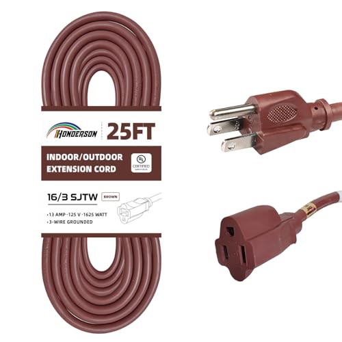 HONDERSON 25FT Brown Outdoor Extension Cord-16/3 SJTW Durable Extension Cord for Christmas Lights with 3 Prong Grounded Plug Great for Outside Christmas Decorations