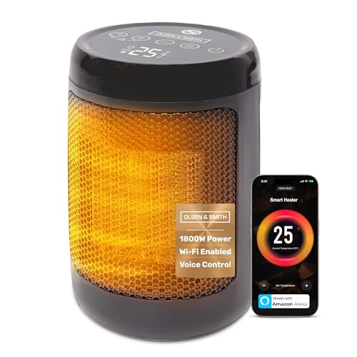 Olsen & Smith 1800W Smart Ceramic Heater Wi-Fi/App/Voice Control Alexa Small Compact Indoor Use Energy Efficient Tabletop Plug In Electric Portable Fan Room Space Heater with Thermostat Fast Heating