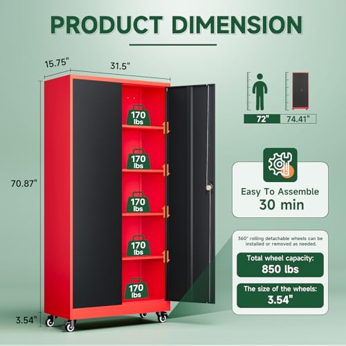 Image of Letaya Metal Garage Storage Cabinets with Lock Door and Adjustable Shelves, Steel Tool Cabinets for Home,Office,Warehouse Organisieren (Black Red, 74.41 inch H)
