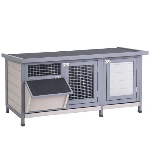 PawHut Conejera de Madera, Jaula para Conejos con Techo Asfáltico Abatible, Puertas con Pestillo, Bandejas Extraíbles y Comedero, Conejera para Exterior, 112x50x54 cm, Gris