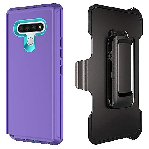 HONTECH Holster Case for LG Stylo 6 with Built-in Screen Protector, Full Body Protection Cover Heavy Duty with Built-in Kickstand Belt Clip Hard PC Combo (Light Purple-Azure)