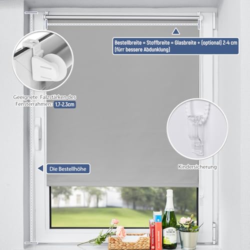 Verdunklungsrollo ohne Bohren Rollos für Fenster Verdunkelung Hellgrau B70 x H140 cm Thermorollo Innenrollo Klemmrollo Sonnenschutzrollo… – Ansicht 5