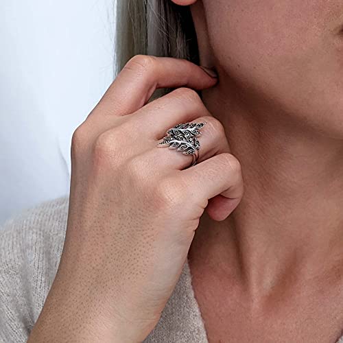 Silver Women's 925 Sterling Silver Oxidized Simulated Marcasite Overlapping Leaf Branch Ring #TOP2