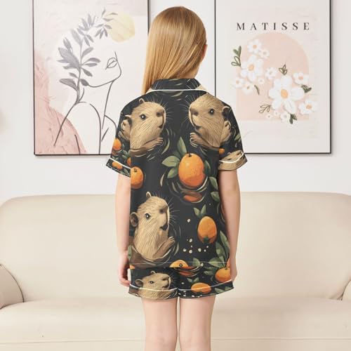 Satin Pajama Sets Short Sleeve Animals Swimming with Oranges Button Down Silky Nightwear 2 Piece PJS 5-14Y4