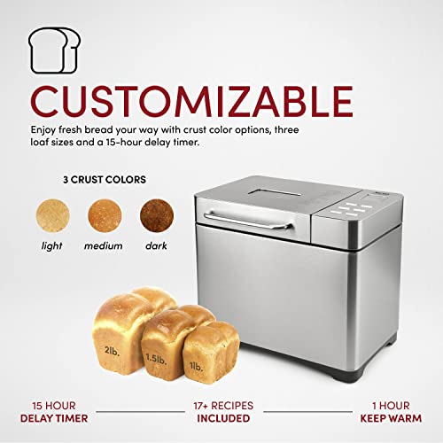 Aroma Housewares Professional 2 Lb. Digital Bread Maker, 17 Preset Functions And 3 Crust Colors, Automatic Fruit & Nut Dispenser, Stainless Steel (Abm-270), Silver #TOP2