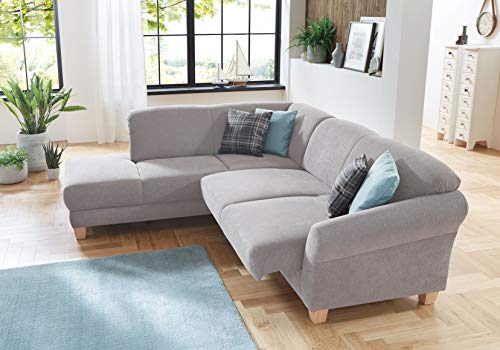 CAVADORE Ecksofa Gootlaand / Große Sitzecke im Landhausstil inkl. praktischer Vorziehfunktion und Bettkasten / Mit Federkern-Polsterung / 257 x 84 x 212 / Hellgrau