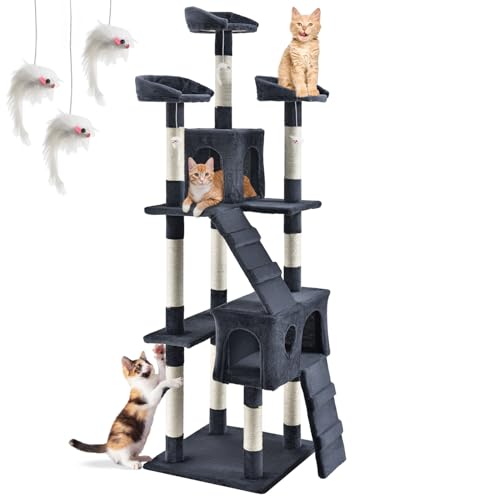 Juskys XXL Tiragraffi Amy - Albero per gatti con nicchie, superfici per sdraiarsi, scale e pali in sisal - Stabile albero per arrampicarsi per gatti alto 170 cm - Grigio