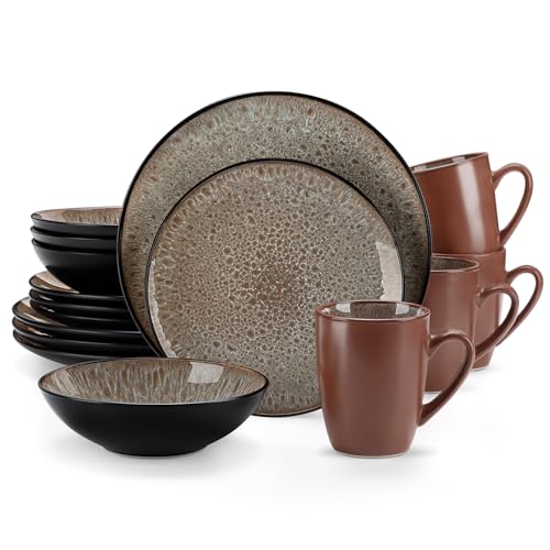 vancasso Bubble Brown 16 Piece Plates and Bowls Set, Mediterranean Style Stoneware Dinner Set for 4, Reactive Glaze Dinnerware Sets, Dishwasher & Microwave Safe