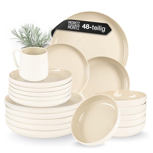 Moritz & Moritz CAVO Steingut Geschirrset 12 Personen 48-tlg. - Modernes Tafelservice in der Farbe Sand - Pflegeleichtes Kombiservice mit Teller Set, Schüsseln & Tassen - Kaffeeservice