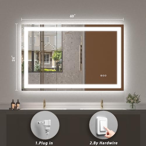 Image of 40x 24 LED Lighted Bathroom Mirror, Vanity Mirror with Lights for Wall, Dimmable, Defogger, Shatter-Proof, 3 Colors, ETL Listed (Front + Backlit)