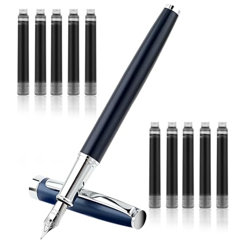 TIESOME Metal Fountain Pen Set, 0.5mm Fine Nib Fountain Pen with 10 2.6mm Black Ink Cartridges Luxury Calligraphy Pens Smooth Writing Pen Gift for Office School Business Supplies(Blue)