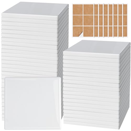 48 Pieces Sublimation Coasters GOH DODD Glossy Ceramic Tiles Glazed Blanks with Cork for DIY Alcohol Ink Heat Transfer Painting Housewarming Gifts Wedding Arts Crafts School Education Square 4 Inch