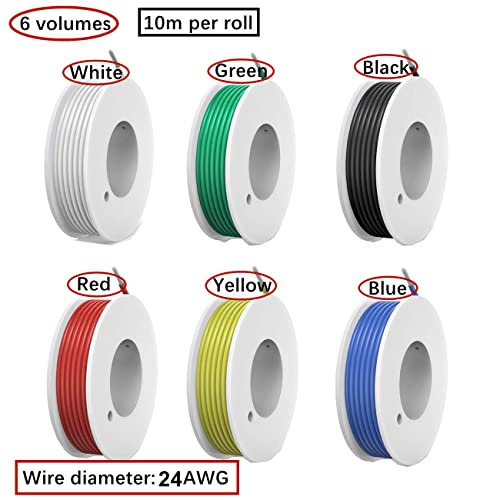 HUAZIZ Cable eléctrico de 24AWG de cobre estañado, Kit de Cables de Colores Cable Flexible de Silicona de Calibre, Puente de Cable de Puente de Calibre 24 Cable de Conexión(6 Carretes de 10 Metros) - imagen 3