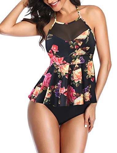Upopby Womens Two Piece Tankini Swimsuit High Neck Halter Mesh Swimdress Tummy Control Swimwear Two Piece Bathing Suit with Tankini Top and Mid Waist Bottom Rose Floral S