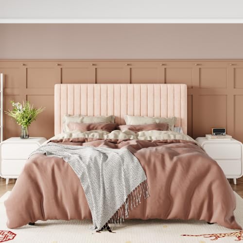 Image of Allewie Full Bed Frame, Upholstered Platform Bed with Adjustable Vertical Channel Tufted Headboard, Mattress Foundation with Strong Wooden Slats, Box Spring Optional, Easy Assembly, Chenille Pink