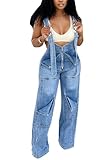 Quzzion Women's Denim Overalls Cargo Straight Wide Leg Jumpsuit Adjustable Strap Sleeveless Baggy Jean Bib Overalls
