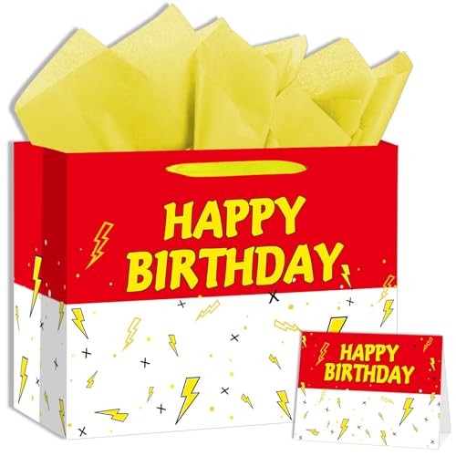 LeiGuoMinyyu Large Cartooon Birthday Gift Bag with Tissue Paper and Greeting Card Red Yellow Birthday Party Favor Bags Kids Birthday Party Supplies