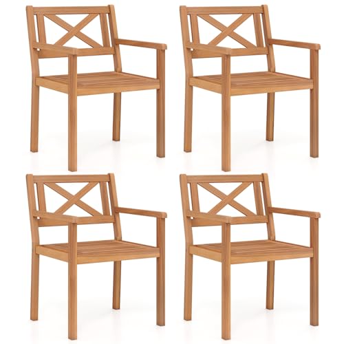 Tangkula Acacia Wood Patio Dining Chairs Set of 4, Outdoor Dining Chairs with 400 lbs Capacity, Heavy-Duty Wooden Armchairs for Porch, Deck, Backyard & Balcony, Teak Finish (4)