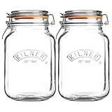 Kilner Clip Top Square Jar Ideal for preserving Fruit/Vegetables 2 Litre Clear (Pack of 2)