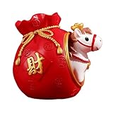 2026 Chinesisches Neujahr Sternzeichen Pferd Figur - Harz Pferd in rotem Glückstasche, Symbol für Reichtum & Erfolg, Feng Shui Schreibtisch Ornament für Home Office, Frühlingsfest Dekoration Geschenk