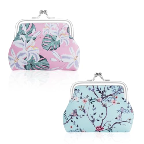 Image of FuninCrea 2 Pcs Faux Leather Coin Purse for Women with Kiss Lock, Floral Pattern Change and Coin Wallet Double Clasp Closure Mini Wallet for Cash Key (Blue+Bright Pink)