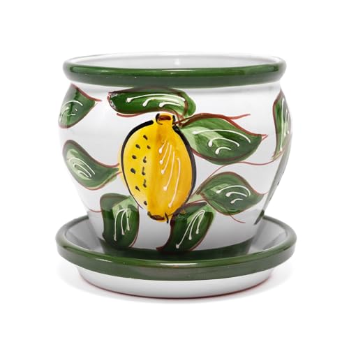 Verano Spanish Ceramics Outdoor Living Terracotta Lemons Bola Pot with Drainage Plate - Decorative New Home Garden Yard Patio Outside Décor Gift Gardening Herb Flower Plant Pot - 25cm x 21cm