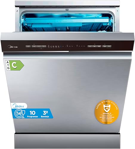 Midea Lavavajillas 60 cm+++ Inox para 14 servicios - Lavaplatos libre instalación - Compacto con 10 Programas de Lavado integrable - Filtro Antibacterias y Programación Horaria Nuevo Modelo