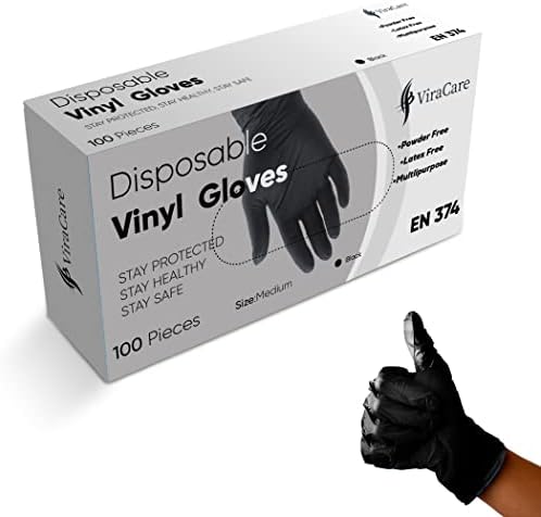 100 x Black Disposable Gloves Medium | Vinyl Gloves Disposable Medium | Latex free Gloves | Powder Free Gloves | Black Gloves Disposable | Strong And Non-Sterile | (Medium, 1 Pack of 100)