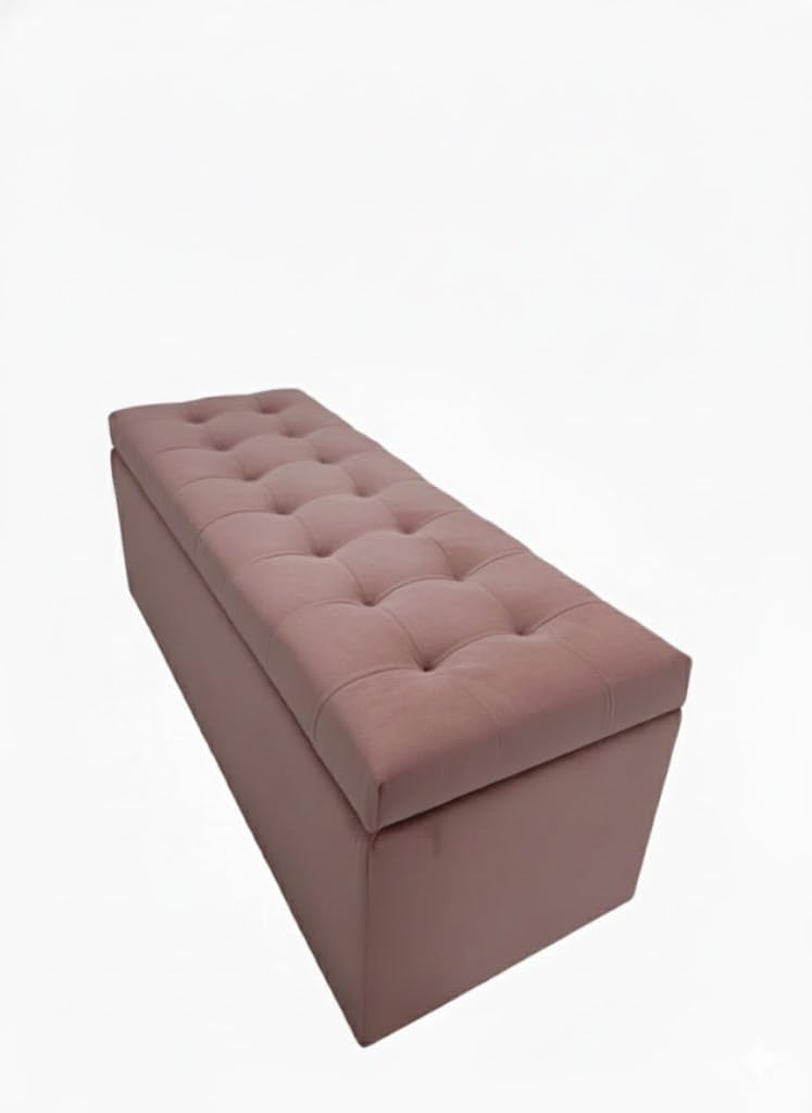 Velvet Upholstered Checks Storage Ottoman Bench Couch pouffe 2 Seater Sofa Footstool bedend Settee for livingroom Bedroom 48X18X18 (Pink)-image-6