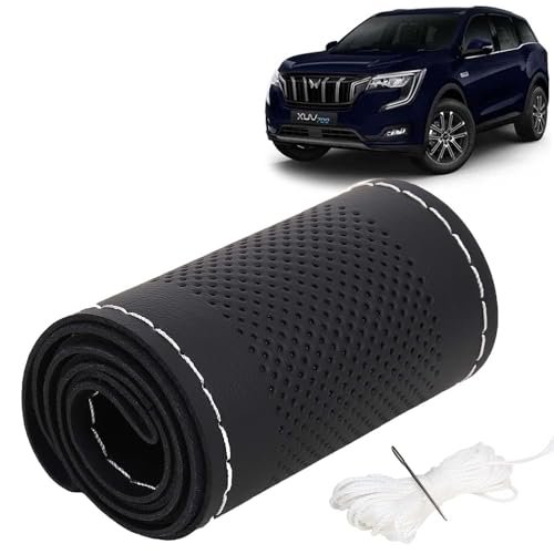 Image of KINGSWAY PU Leatherite Car Steering Cover Sewable Compatible with Mahindra XUV 700 (Year 2021 Onwards), Black Color with Silver Thread, Pack of 1 with Sewing Needle and Thread
