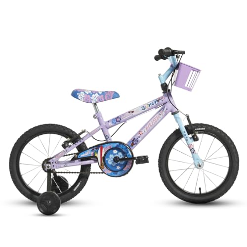 Bicicleta Infantil Aro 16, Lilás e Azul, Quadro em Aço Carbono, com Rodinhas Laterais, Cestinha Frontal, Tema Lilo Stich, para 4 a 8 Anos Husky
