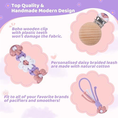 Image of Pacifier Clip for Boys Girls Floral Daisy Macrame Baby Paci Clip Pacifier Holder Leash Boho Wooden Clips Handmade Braided Cotton Binky Clips (2pack:Lavender Style x 2)