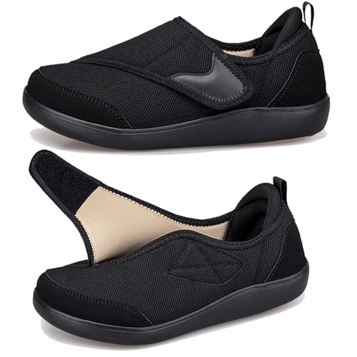 Gaatpot Verbandsschuhe Damen Hausschuhe Herren für Arthritis Geschwollen Leichte Freizeit Extra Weit mit Klettverschluss Senioren Schuhe Schwarz 38