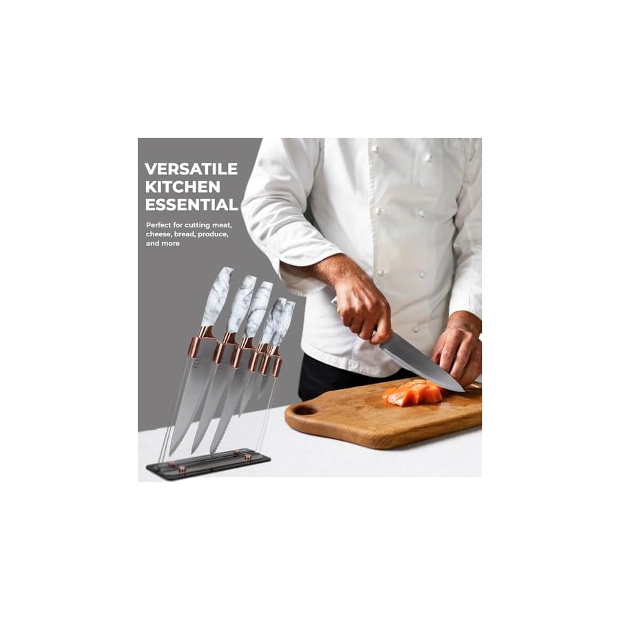 5-Piece Professional Kitchen Knife Set Marble Handles & Rose Gold Accents Includes Clear Block Chef Bread Carving Utility & Paring Knives