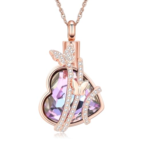 shajwo Butterfly Heart Urn Necklaces Cremation Jewelry for Ashes for Women Men Memorial Human Ashes Pendant,Rose Gold-Purple