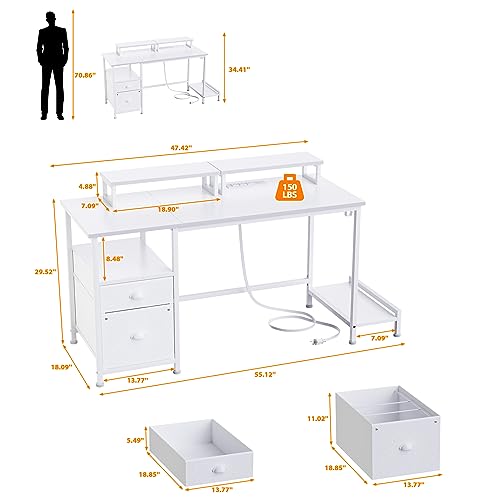 image for Furologee White Computer Desk with Drawer and Power Outlets, 47