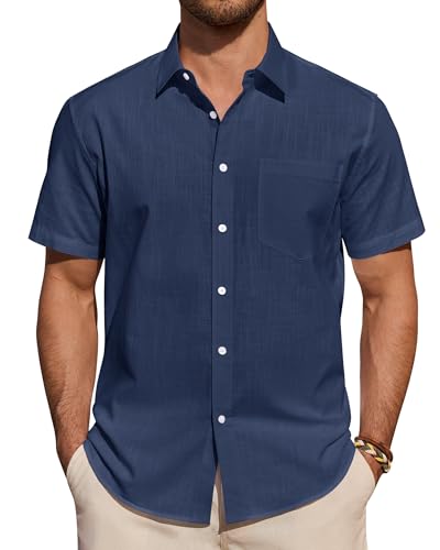 siliteelon Mens Linen Shirts Short Sleeve Summer Shirt Regular Fit Casual Cotton Holiday Beach Tops with Pocket Navy Blue M