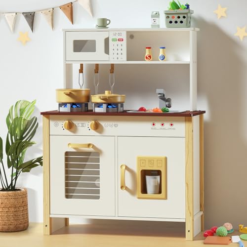 Babytronic Kids Play Kitchen, Wooden Kitchen Playset for Kids Ages 3+ with Real Lights, Sounds, Stove, Sink, Oven, and 30 Pcs Accessories, Toys Kitchen Small Pretend Play Kitchen for Toddlers (White)