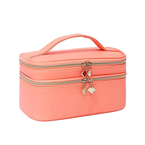 IN Multifunction Dual Compartment Portable Waterproof Cosmetic Bag Travel Makeup Case With Handle -Two Storage Compartments Space Fits ALL Your Makeup and Lipstick Train Case for Womensâ€¦