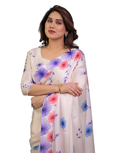 Image of ALMAARI FASHION Satin Georgette Floral Printed Saree with Blouse, 5.5 Meter Saree with 0.8 Meter Blouse, Traditional (SG 110 SH)