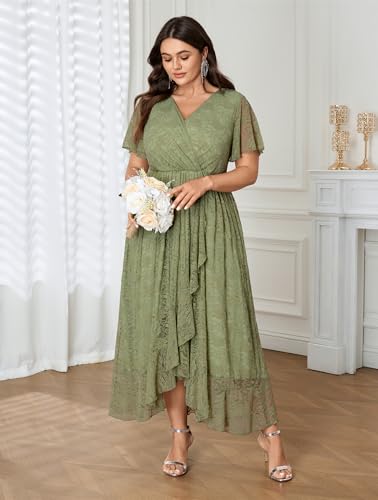 Image of SCOMCHIC Womens Plus Size Wedding Guest Dress Formal Lace Wrap V Neck High Low Short Sleeve Cocktail Maxi Dresses XL-4XL